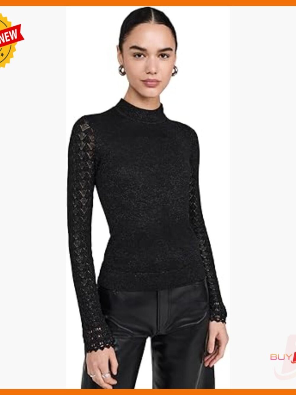 Long Sleeve Turtleneck Top with Metallic Threads and Pointelle Sleeves